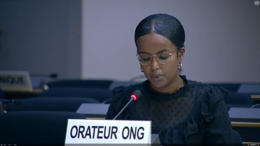 Human Rights and Refugees Programme Assistant Najmah Ali delivering oral statement.